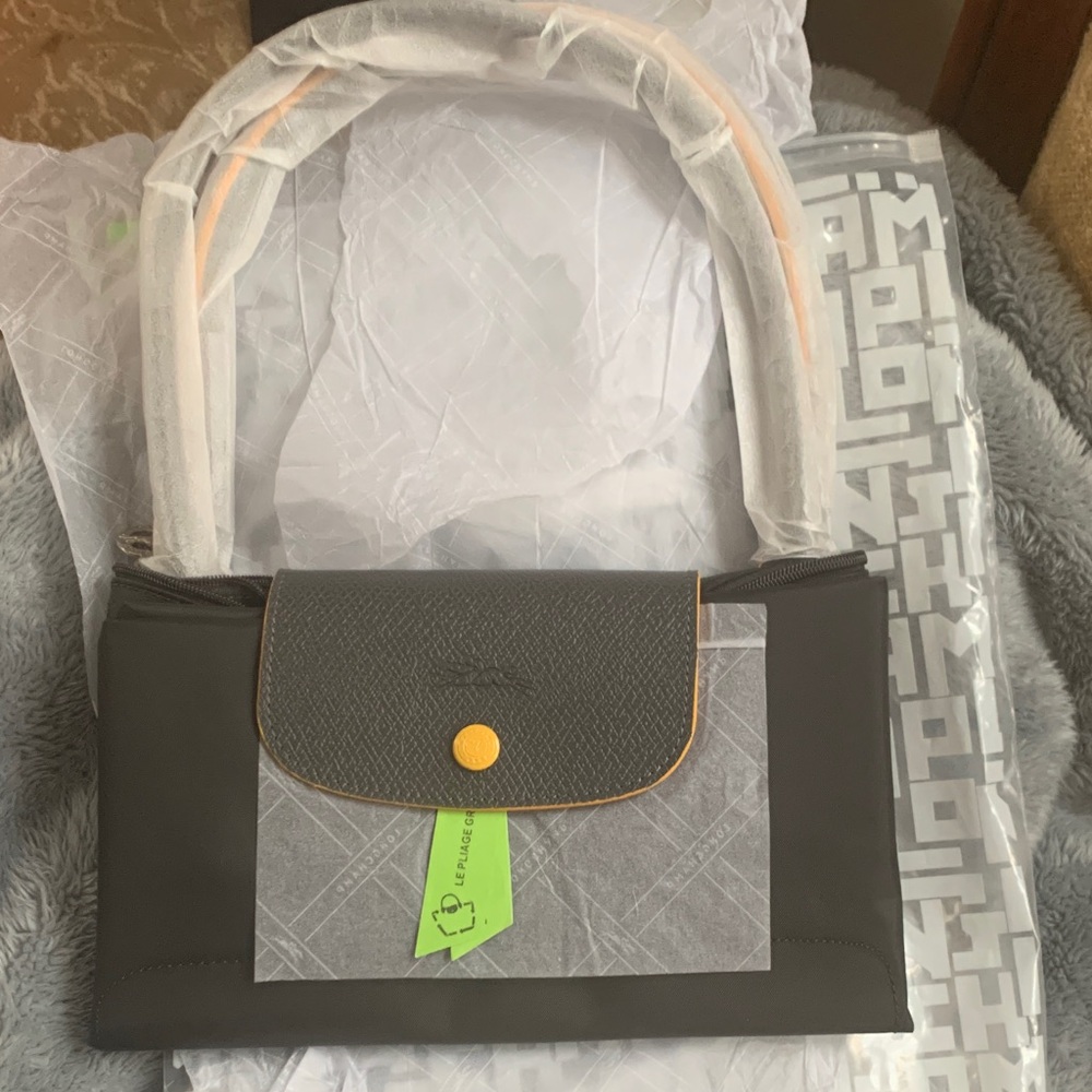 New Medium LongChamp Elegant Gray & yellow tote bag. Measures 17X 12.